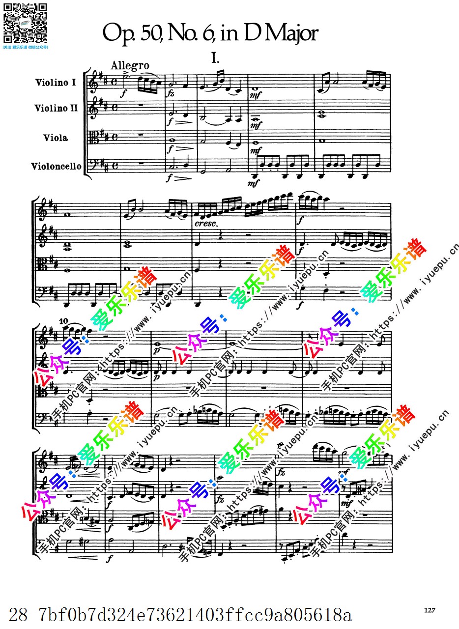 Haydn 海顿 D大调弦乐四重奏-炙热的快板 Op.50 Hob.III49 总谱 原版 乐谱曲谱总谱分谱伴奏音乐在线预览试听下载