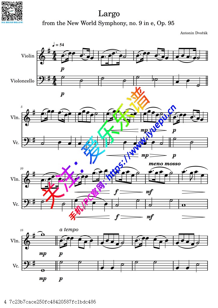德沃夏克 第九号交响曲 “自新大陆” 第二乐章 广板 念故乡 小提琴大提琴二重奏-总谱与分谱 乐谱曲谱总谱分谱伴奏音乐在线预览试听下载