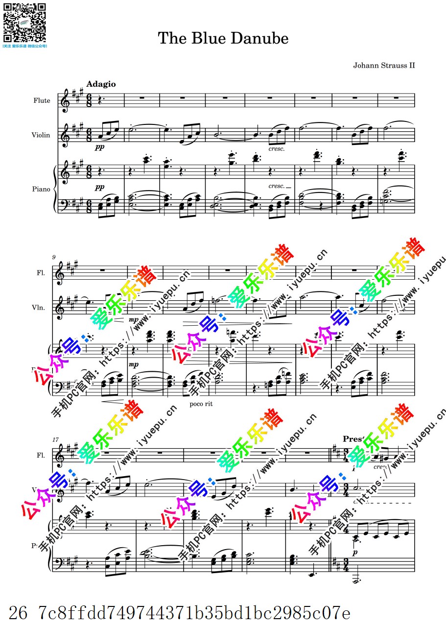 施特劳斯 蓝色多瑙河圆舞曲 Blue Danube waltz 长笛小提琴钢琴三重奏 总谱分谱 乐谱曲谱总谱分谱伴奏音乐在线预览试听下载