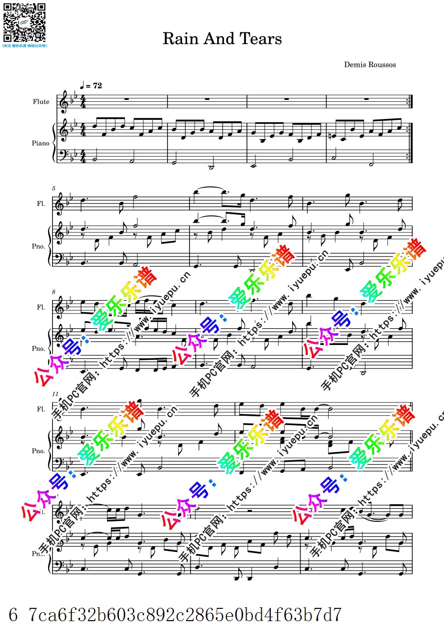Rain And Tears - Demis Roussos 长笛谱与钢琴伴奏谱 乐谱曲谱总谱分谱伴奏音乐在线预览试听下载