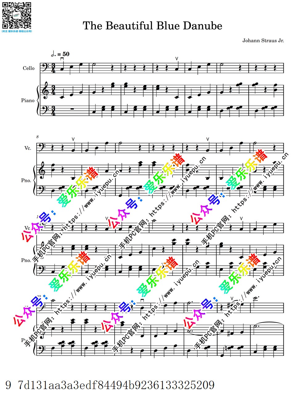 Strauss-The Beautiful Blue Danube 蓝色多瑙河圆舞曲 Blue Danube waltz 大提琴谱与钢琴伴奏谱 乐谱曲谱总谱分谱伴奏音乐在线预览试听下载