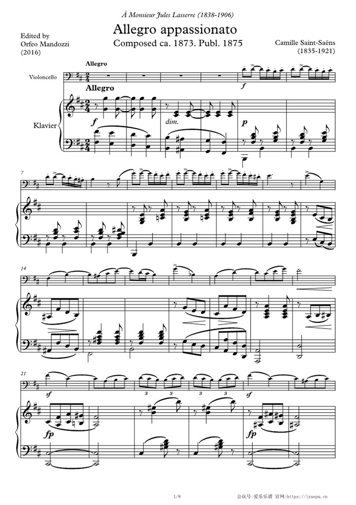 圣桑 热情的快板 Op43 大提琴钢琴伴奏谱-1 乐谱曲谱总谱分谱伴奏音乐在线预览试听下载