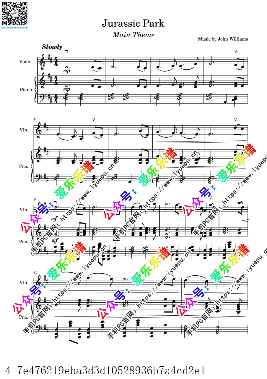 John Williams - Jurassic Park Theme for Violin 侏罗纪公园主题曲 小提琴谱与钢琴伴奏谱 总分谱 乐谱曲谱总谱分谱伴奏音乐在线预览试听下载