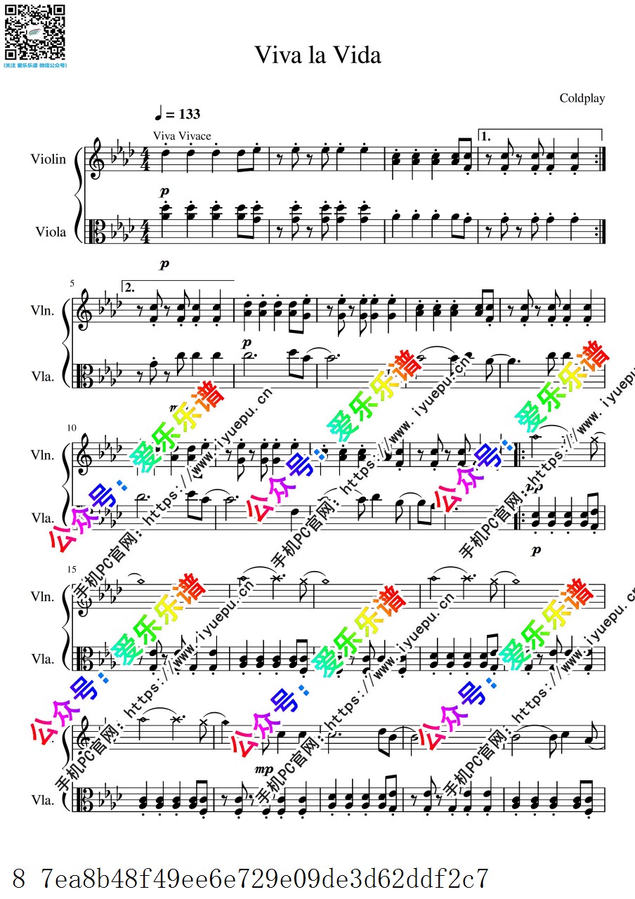 生命万岁 Viva La Vida 小提琴中提琴二重奏 总谱分谱 乐谱曲谱总谱分谱伴奏音乐在线预览试听下载