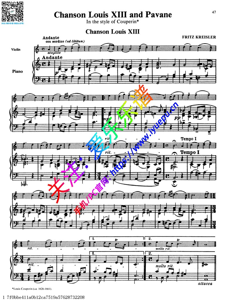 克莱斯勒Fritz Kreisler-Chanson Louis XIll and Pavane In the Style of Couperin小提琴钢琴伴奏谱 乐谱曲谱总谱分谱伴奏音乐在线预览试听下载