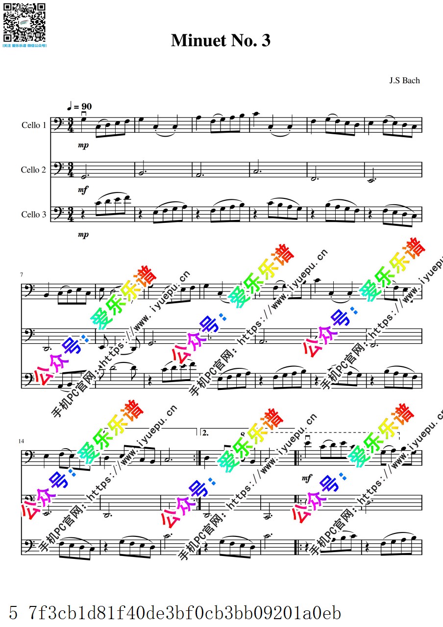 Minuet No.3 Bach 巴赫第三号小步舞曲 3大提琴三重奏-总谱和分谱 乐谱曲谱总谱分谱伴奏音乐在线预览试听下载