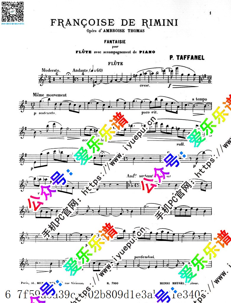 Taffanel, Paul 塔法内尔 Fantaisie sur 'Francoise de Rimini'  弗兰切斯卡-达-里米尼 主题幻想曲 长笛谱 乐谱曲谱总谱分谱伴奏音乐在线预览试听下载