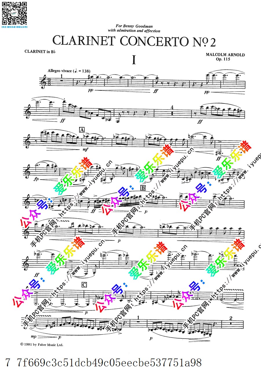 Malcolm Arnold 阿诺德 Clarinet Concerto No.2 Op.115 第二单簧管协奏曲 单簧管谱 原版 乐谱曲谱总谱分谱伴奏音乐在线预览试听下载