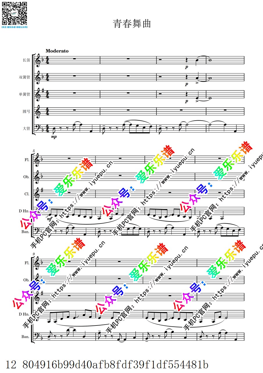 中国乐曲 青春舞曲 长笛单双簧管圆号巴松 木管五重奏-总谱和分谱 乐谱曲谱总谱分谱伴奏音乐在线预览试听下载