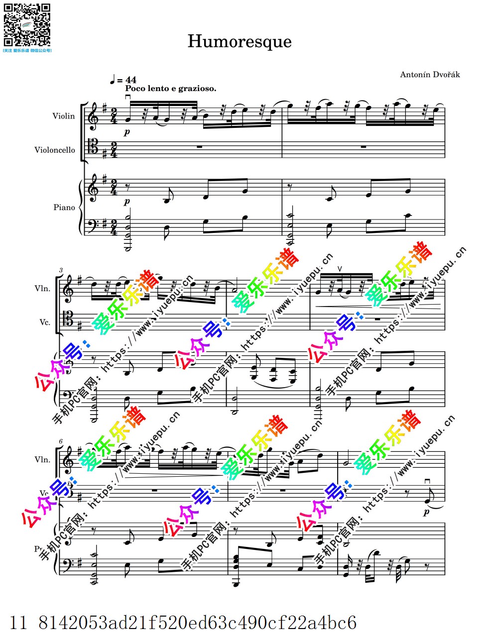 Dvorak 德沃夏克  Humoresque Op.101 No.7 幽默曲 小提琴大提琴钢琴三重奏 G-总谱和分谱 乐谱曲谱总谱分谱伴奏音乐在线预览试听下载