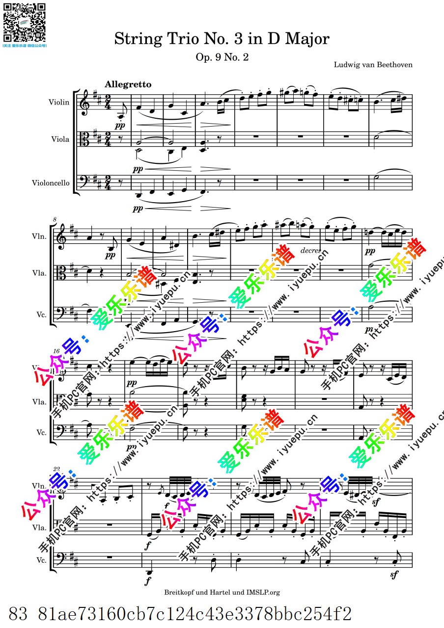 Beethoven 贝多芬D大调弦乐三重奏 op.9 No.2 小中大提琴 弦乐三重奏 -总谱和分谱 乐谱曲谱总谱分谱伴奏音乐在线预览试听下载