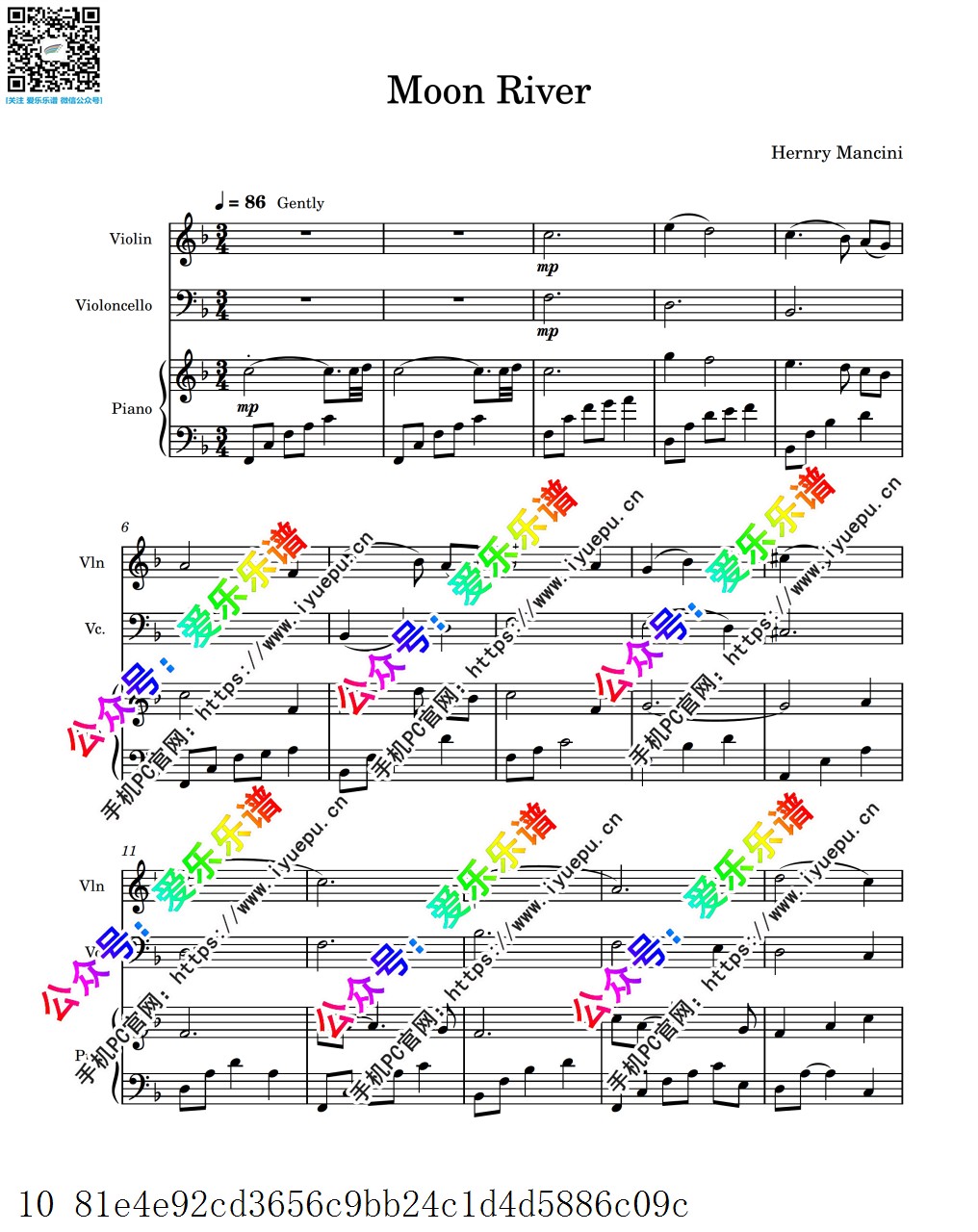月亮河 MoonRiver 小提琴大提琴钢琴三重奏 官版-总谱和分谱 乐谱曲谱总谱分谱伴奏音乐在线预览试听下载