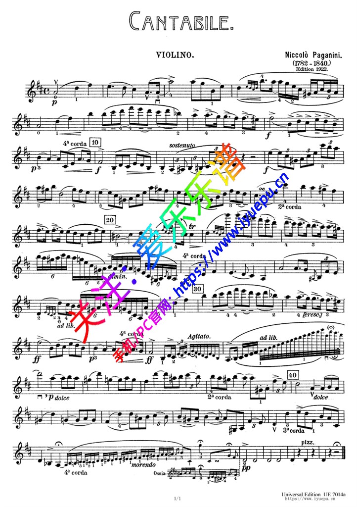 帕格尼尼 柔美如歌 Cantabile M109 Op17 小提琴谱 乐谱曲谱总谱分谱伴奏音乐在线预览试听下载