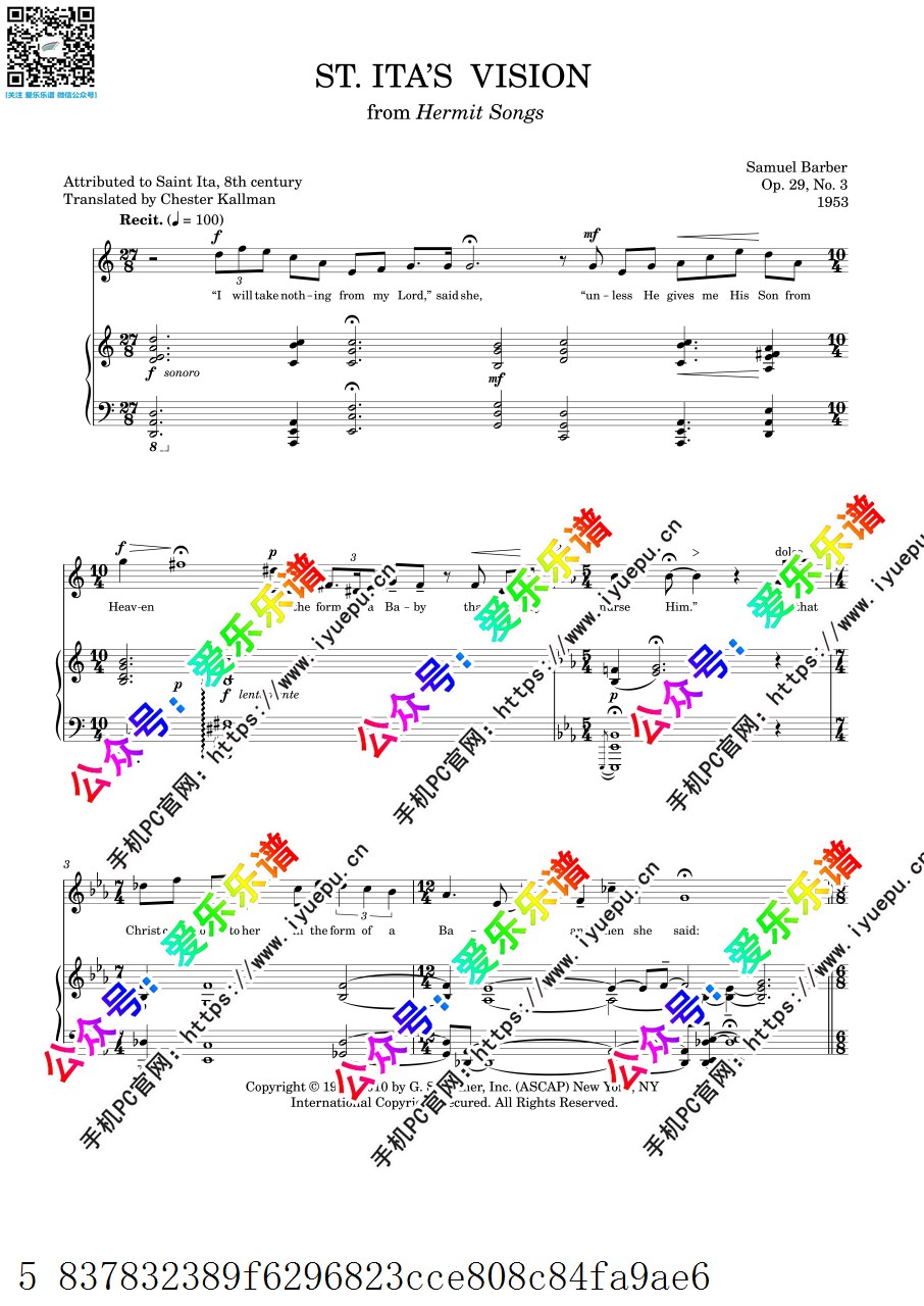 Samuel Barber St. Ita's Vision(from Hermit Songs) 声乐钢琴伴奏正谱 乐谱曲谱总谱分谱伴奏音乐在线预览试听下载