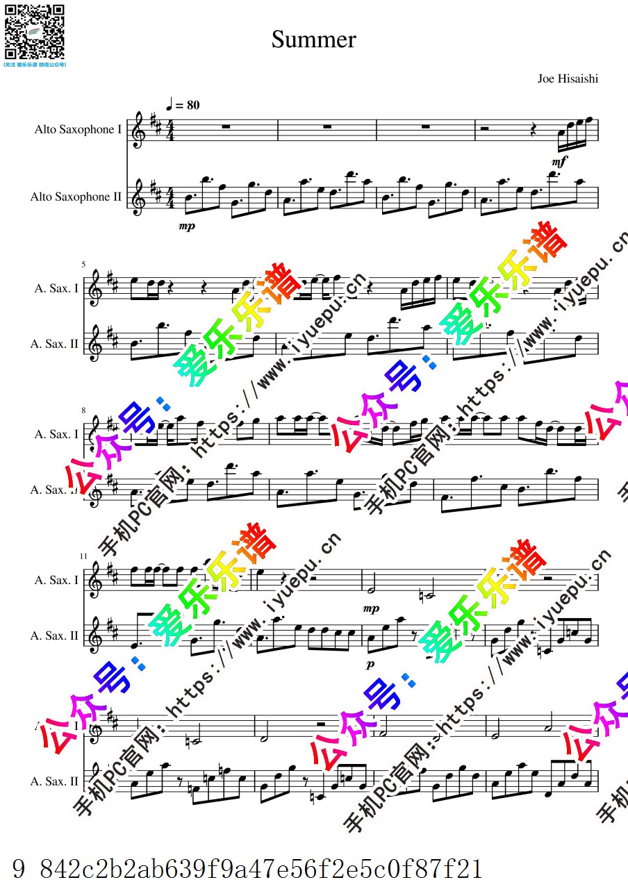 Joe Hisaishi 久石让 宫崎骏 菊次郎的夏天 Summer 2中音萨克斯 二重奏 总分谱 乐谱曲谱总谱分谱伴奏音乐在线预览试听下载