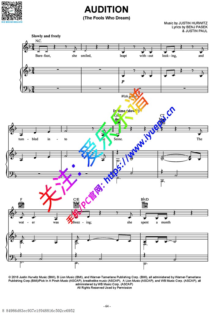 Audition (The fools who dream)声乐谱 钢琴伴奏谱 乐谱曲谱总谱分谱伴奏音乐在线预览试听下载