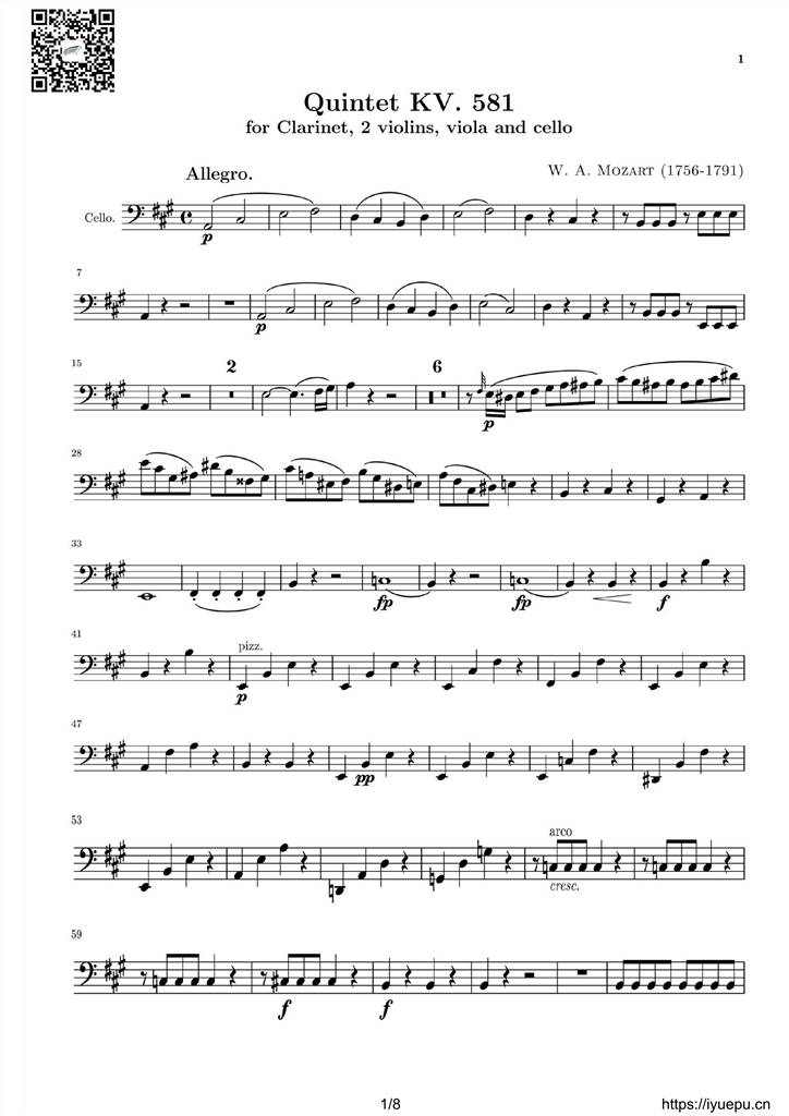 莫扎特 大调单簧管与弦乐四重奏 大提琴分谱,k581 乐谱曲谱总谱分谱