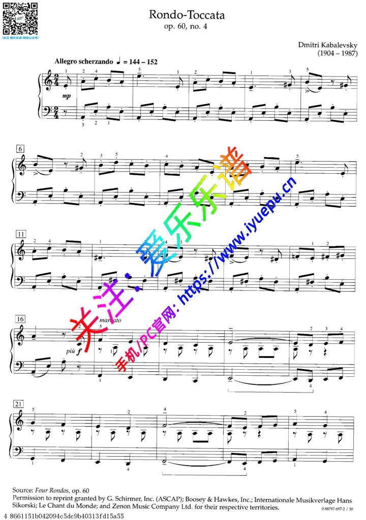 卡巴列夫斯基 Kabalevsky 托卡塔回旋曲Rondo Toccata Op60No4 钢琴谱 乐谱曲谱总谱分谱伴奏音乐在线预览试听下载