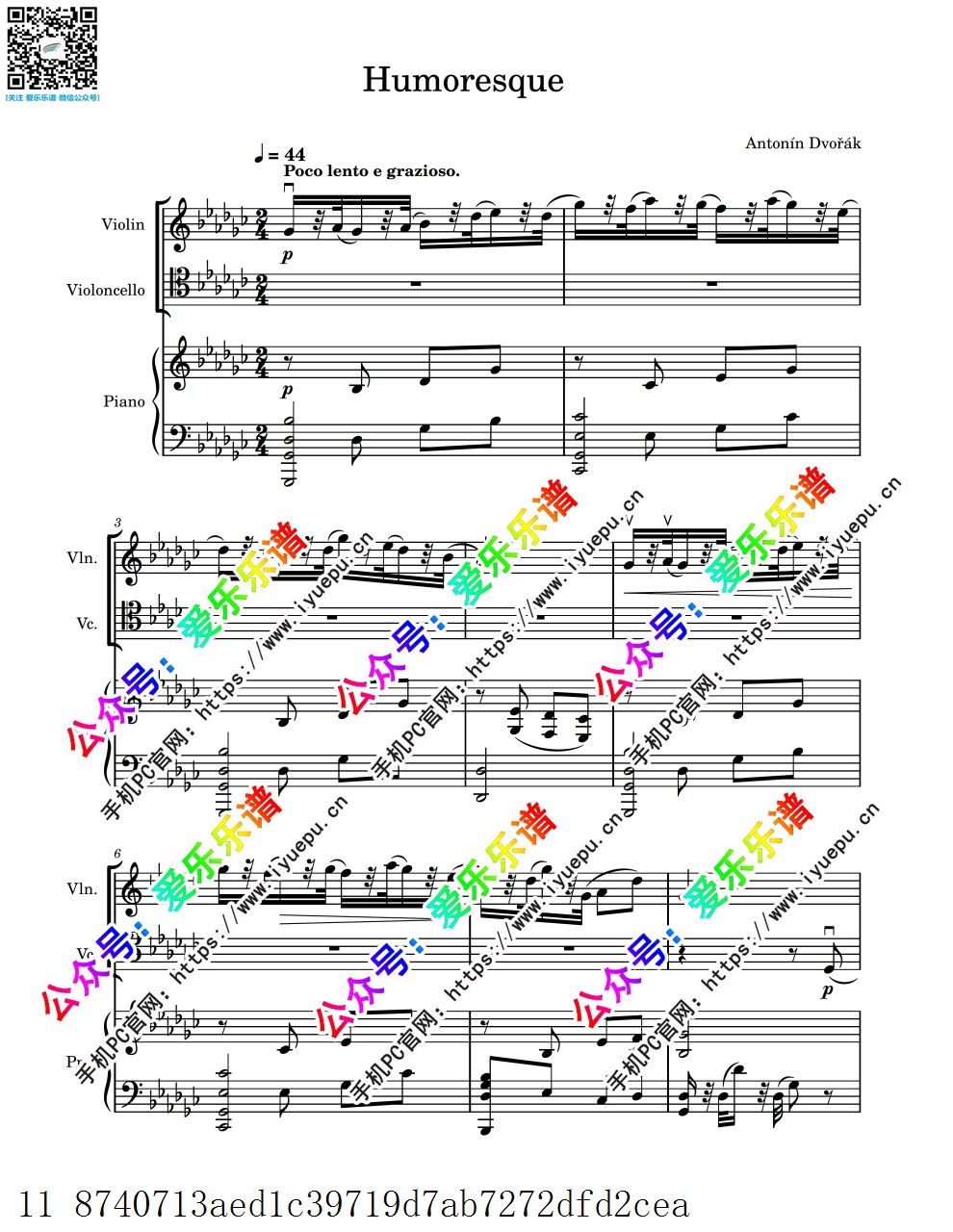 Dvorak 德沃夏克  Humoresque Op.101 No.7幽默曲 小提琴大提琴钢琴三重奏 bG-总谱和分谱 乐谱曲谱总谱分谱伴奏音乐在线预览试听下载