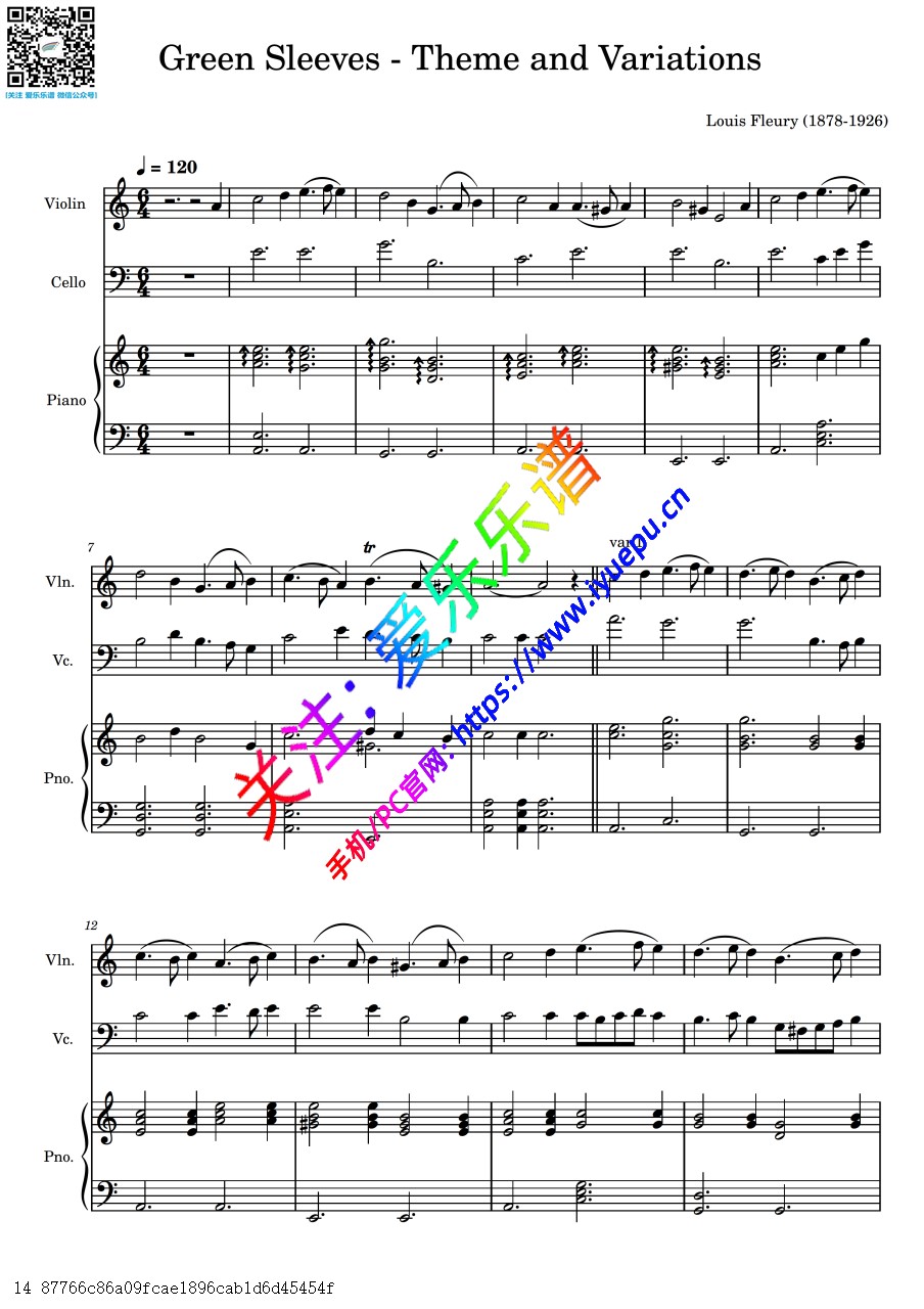 Green sleeves 绿袖子 主题与变奏 Theme and Variations 小提琴大提琴钢琴三重奏-总谱与分谱 乐谱曲谱总谱分谱伴奏音乐在线预览试听下载