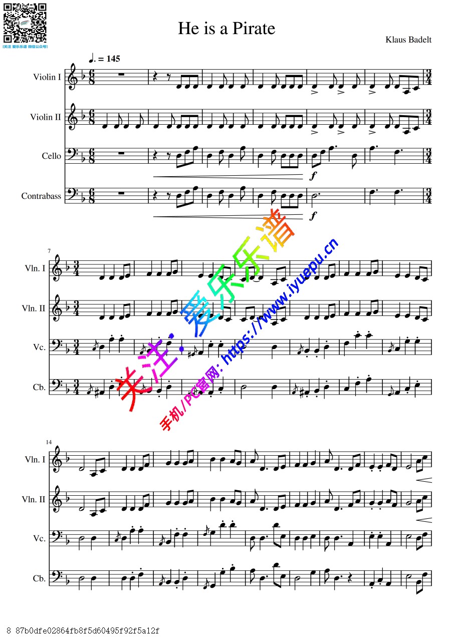 Pirates of the Carribean 加勒比海盗主题曲 He is a Pirate 他是海盗 2小大低音提琴 弦乐四重奏-总谱与分谱 乐谱曲谱总谱分谱伴奏音乐在线预览试听下载