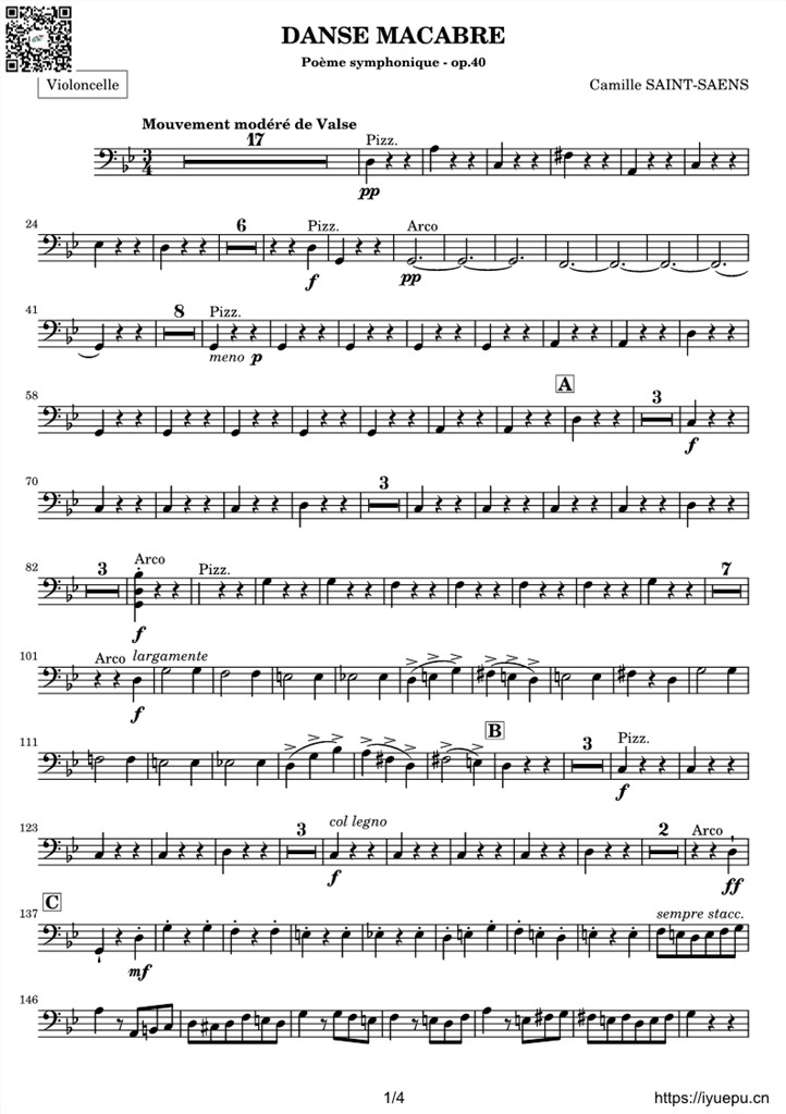 圣桑OP40 交响诗骷髅之舞 Danse macabre 交响乐谱 Cello分谱 乐谱曲谱总谱分谱伴奏音乐在线预览试听下载