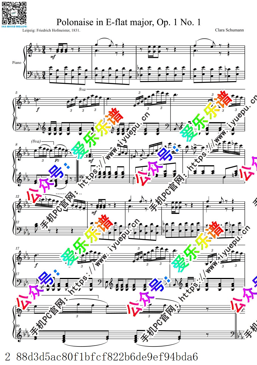 Schumann, Clara 舒曼 4 Polonaises, Op.1 No.1 4波罗乃兹舞曲之一 钢琴谱 乐谱曲谱总谱分谱伴奏音乐在线预览试听下载