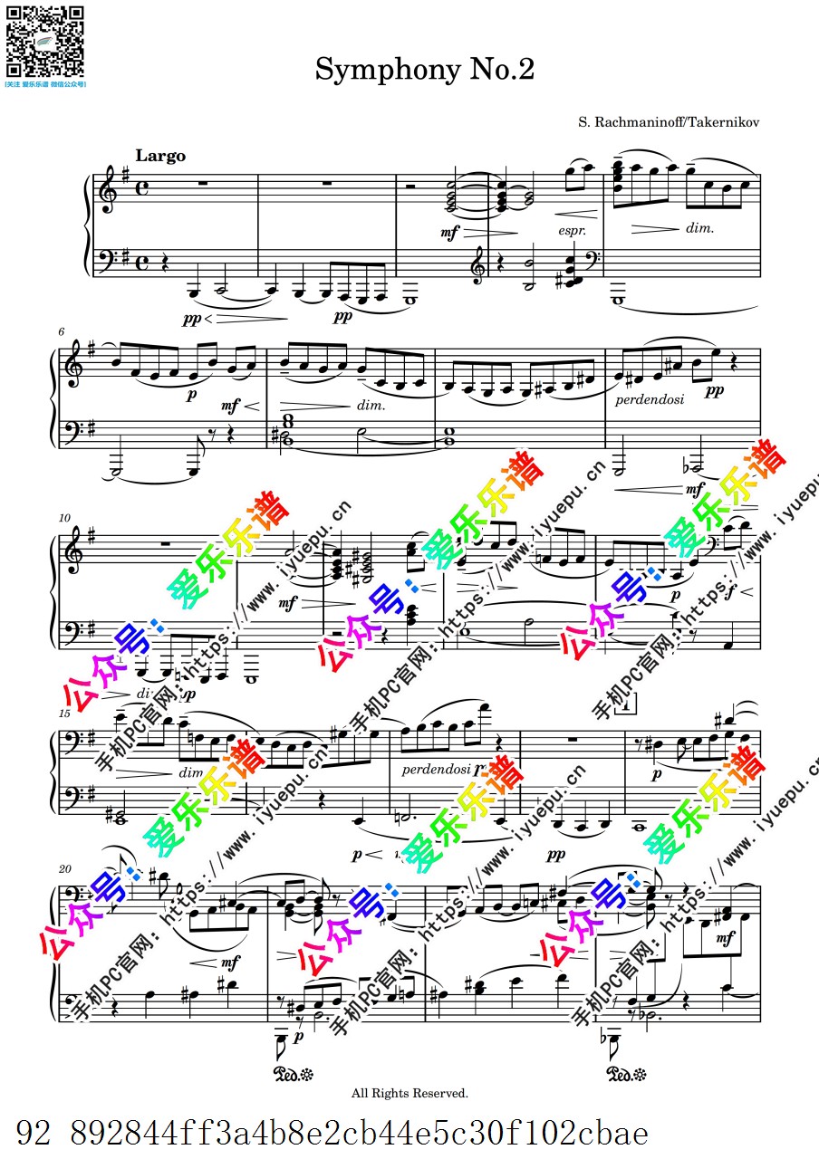 Rachmaninoff  拉赫玛尼诺夫 第二交响曲 全乐章 Symphony No.2, Op.27 钢琴谱 乐谱曲谱总谱分谱伴奏音乐在线预览试听下载