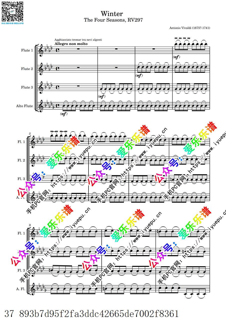 Vivaldi 维瓦尔第 四季-冬 Winter RV297 全三乐章 4长笛四重奏-总谱和分谱 乐谱曲谱总谱分谱伴奏音乐在线预览试听下载