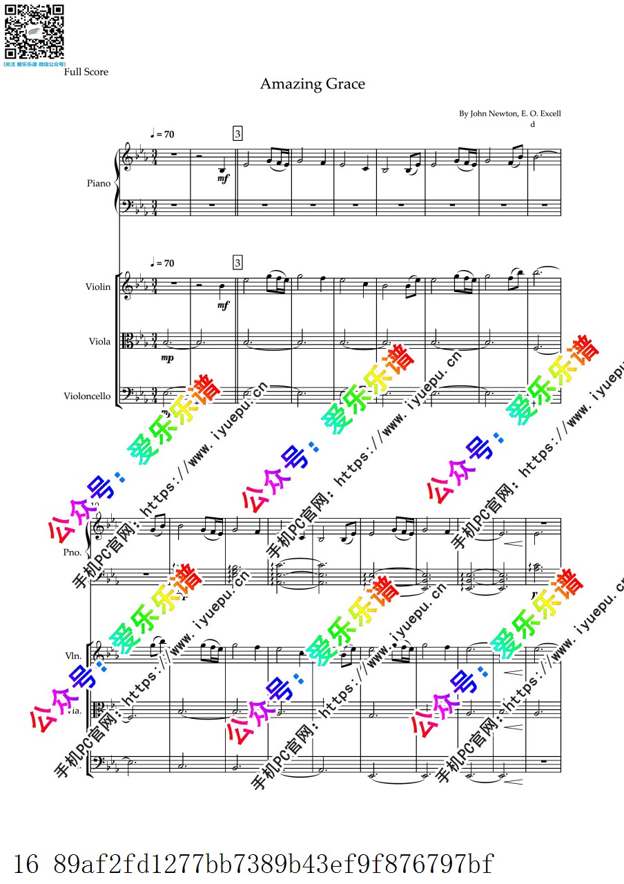 奇异恩典 Amazing Grace 天赐恩宠 小中大提琴钢琴四重奏 总谱分谱 乐谱曲谱总谱分谱伴奏音乐在线预览试听下载