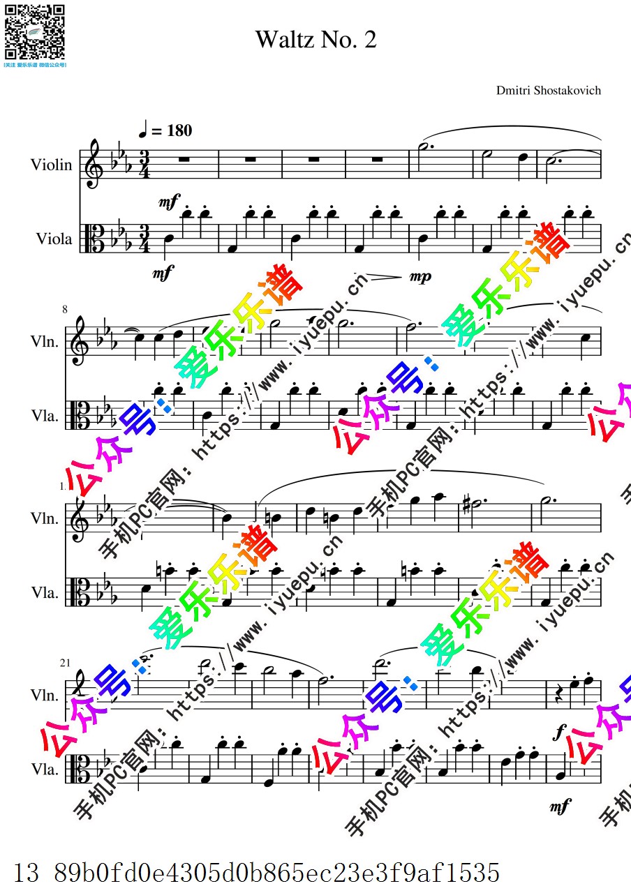 Shostakovich 肖斯塔科维奇 Waltz No2第二圆舞曲 小提琴中提琴二重奏 总分谱 乐谱曲谱总谱分谱伴奏音乐在线预览试听下载
