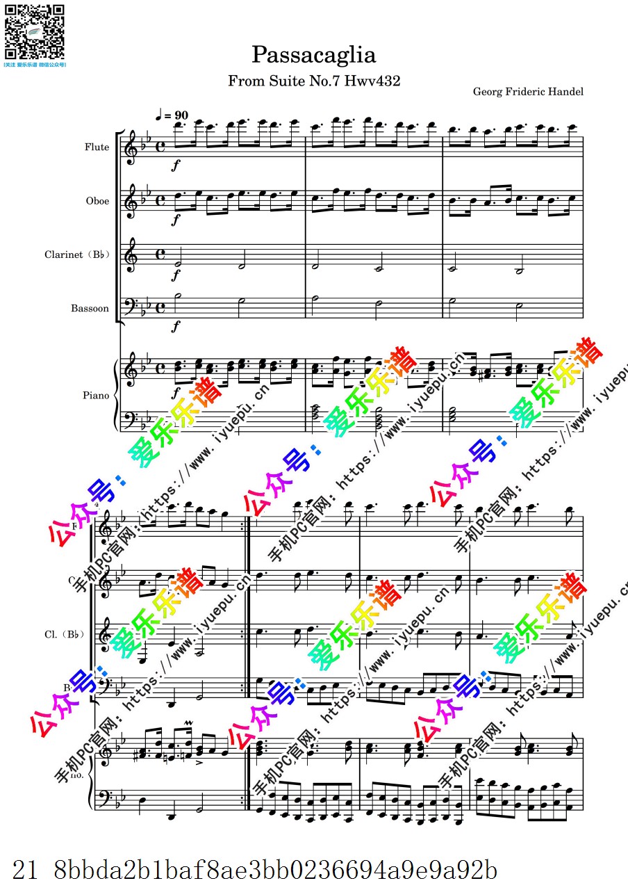 Handel 亨德尔 帕萨卡利亚 Passacaglia 长笛单双簧管大提琴钢琴 五重奏 -总谱分谱 乐谱曲谱总谱分谱伴奏音乐在线预览试听下载