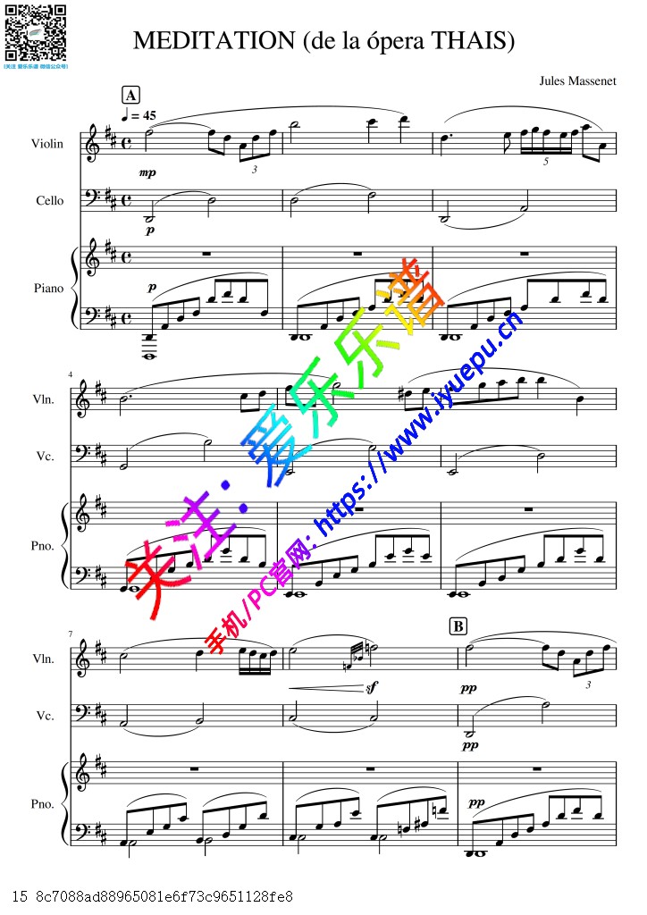 马斯涅 泰斯冥想 沉思 小提琴大提琴钢琴三重奏总谱与分谱 乐谱曲谱总谱分谱伴奏音乐在线预览试听下载