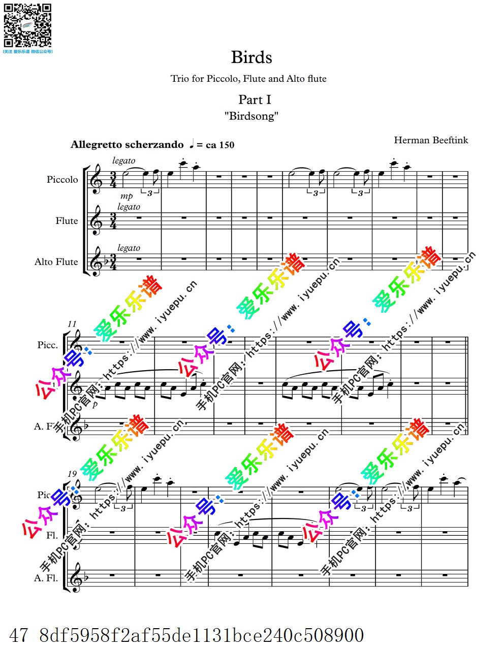 Herman Beeftink赫尔曼-贝夫廷克 Birds for Piccolo and 2 Flutes 鸟 长笛三重奏V2 总分谱 乐谱曲谱总谱分谱伴奏音乐在线预览试听下载
