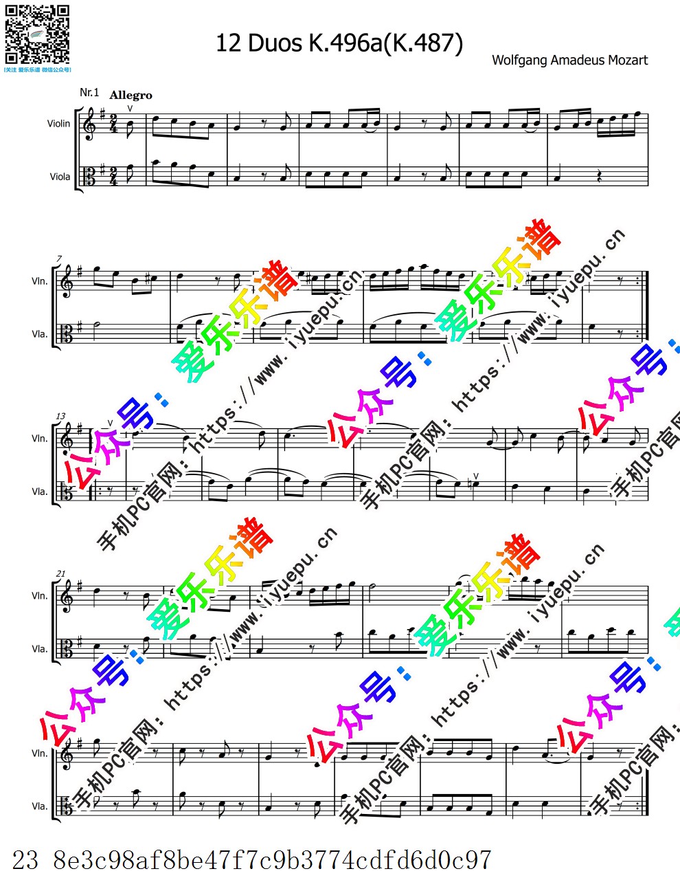 莫扎特 12Horn Duos 12首给法国号二重奏的小步舞曲 K.487-496a 小提琴中提琴二重奏 -总谱与分谱 乐谱曲谱总谱分谱伴奏音乐在线预览试听下载