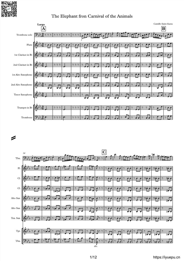 圣桑 动物狂欢节-大象 长笛长号小号单簧管萨克斯 管乐重奏 管乐队谱 总谱分谱 乐谱曲谱总谱分谱伴奏音乐在线预览试听下载
