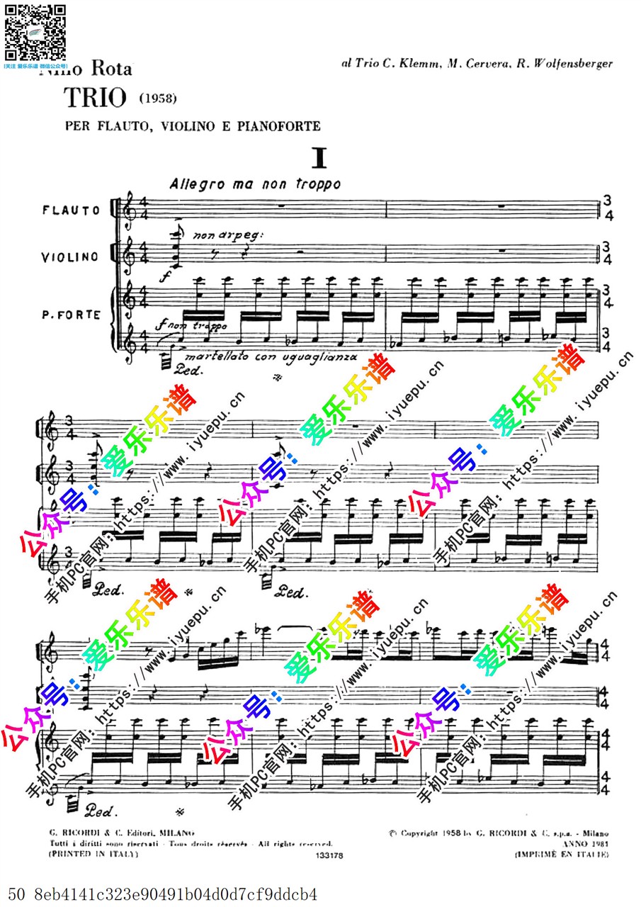 Nino Rota尼诺-罗塔 Trio for Flute, Violin and Piano 长笛小提琴钢琴三重奏 总分谱 原版 乐谱曲谱总谱分谱伴奏音乐在线预览试听下载