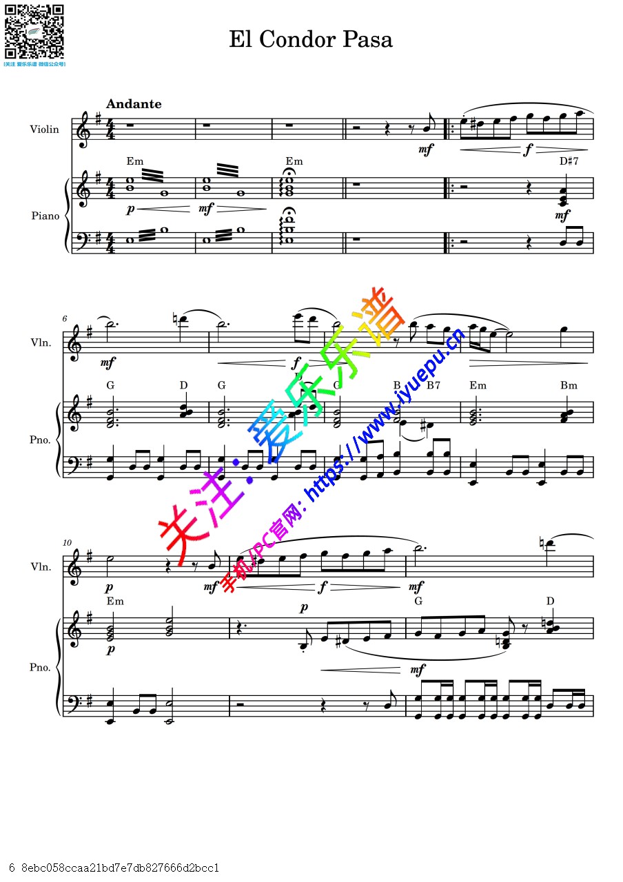 秃鹰飞去 老鹰之歌 El condor pasa 小提琴谱与钢琴伴奏谱 乐谱曲谱总谱分谱伴奏音乐在线预览试听下载