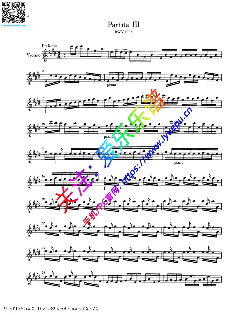 巴赫 无伴奏E大调第三组曲 BWV1006 小提琴谱 Bare-V 乐谱曲谱总谱分谱伴奏音乐在线预览试听下载