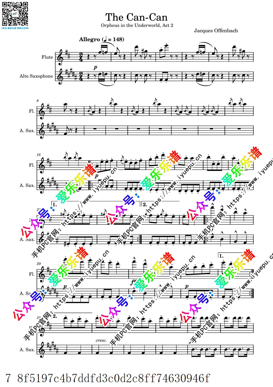 Offenbach 巴赫 康康舞曲 The Can Can 长笛萨克斯二重奏 总谱分谱 乐谱曲谱总谱分谱伴奏音乐在线预览试听下载