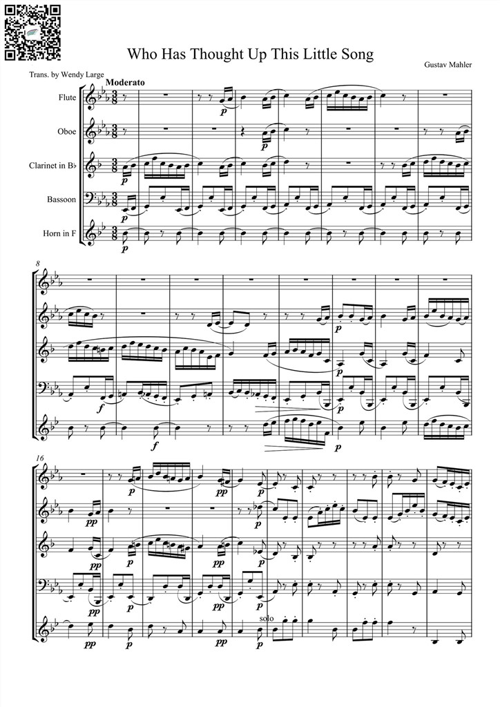 谁想到了这首小歌 Who has thought up this little song 木管五重奏总谱 乐谱曲谱总谱分谱伴奏音乐在线预览试听下载