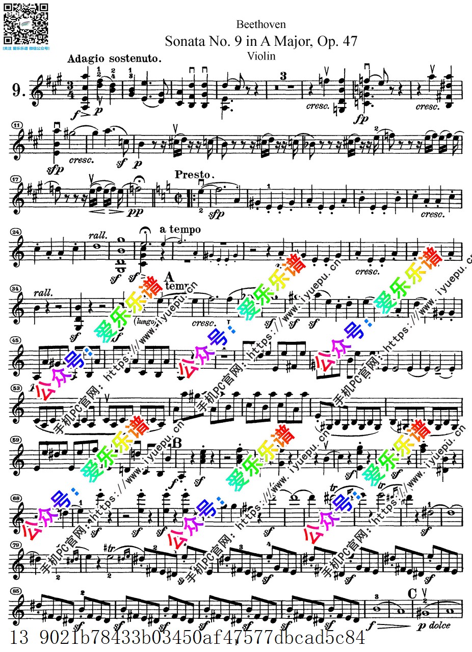 贝多芬克莱采奏鸣曲 Beethoven Kreutzer Sonata No.9 Op.47 小提琴谱 乐谱曲谱总谱分谱伴奏音乐在线预览试听下载