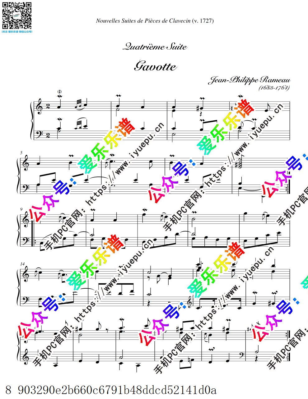 Rameau, Jean-Philippe 拉莫 Gavotte 加沃特舞曲 钢琴谱 乐谱曲谱总谱分谱伴奏音乐在线预览试听下载