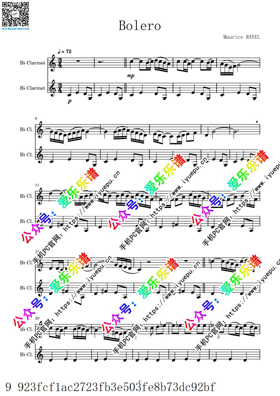 Ravel 拉威尔 Bolero 波莱罗舞曲 2单簧管二重奏-总谱与分谱 乐谱曲谱总谱分谱伴奏音乐在线预览试听下载