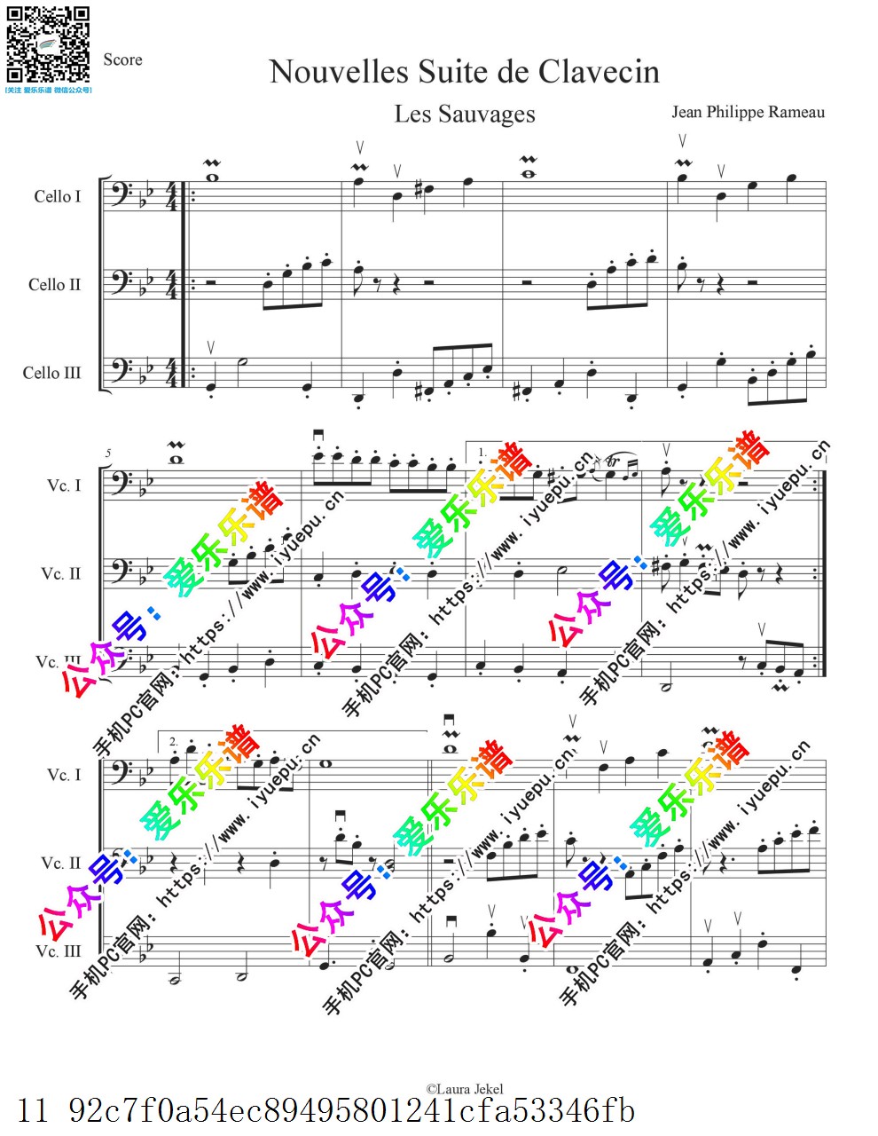 Rameau Les Sauvages (The Savages) 拉莫 野蛮人 3大提琴三重奏 总谱与分谱 乐谱曲谱总谱分谱伴奏音乐在线预览试听下载