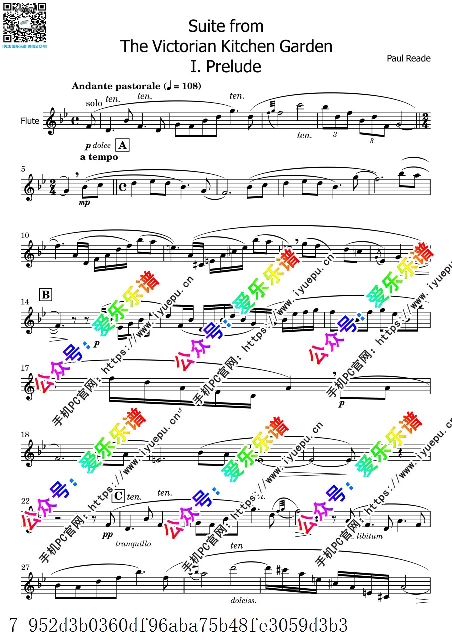 Paul Reade 里德 维多利亚厨房花园组曲4首 Prelude-Spring-Mists-Summer 长笛谱 乐谱曲谱总谱分谱伴奏音乐在线预览试听下载
