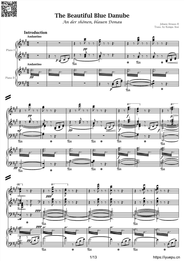 约翰施特劳斯 蓝色多瑙河OP314 The beautiful blue danube双钢琴谱2Pianos 乐谱曲谱总谱分谱伴奏音乐在线预览试听下载