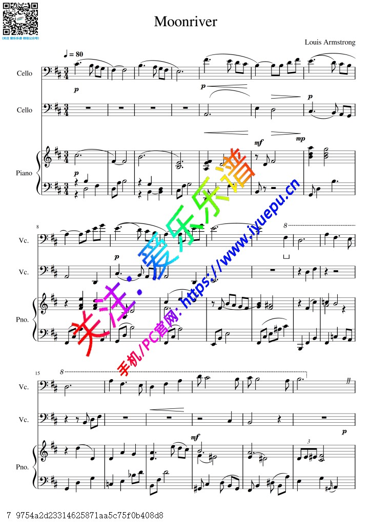 月亮河 moon river 双大提琴钢琴三重奏-总谱与分谱 乐谱曲谱总谱分谱伴奏音乐在线预览试听下载