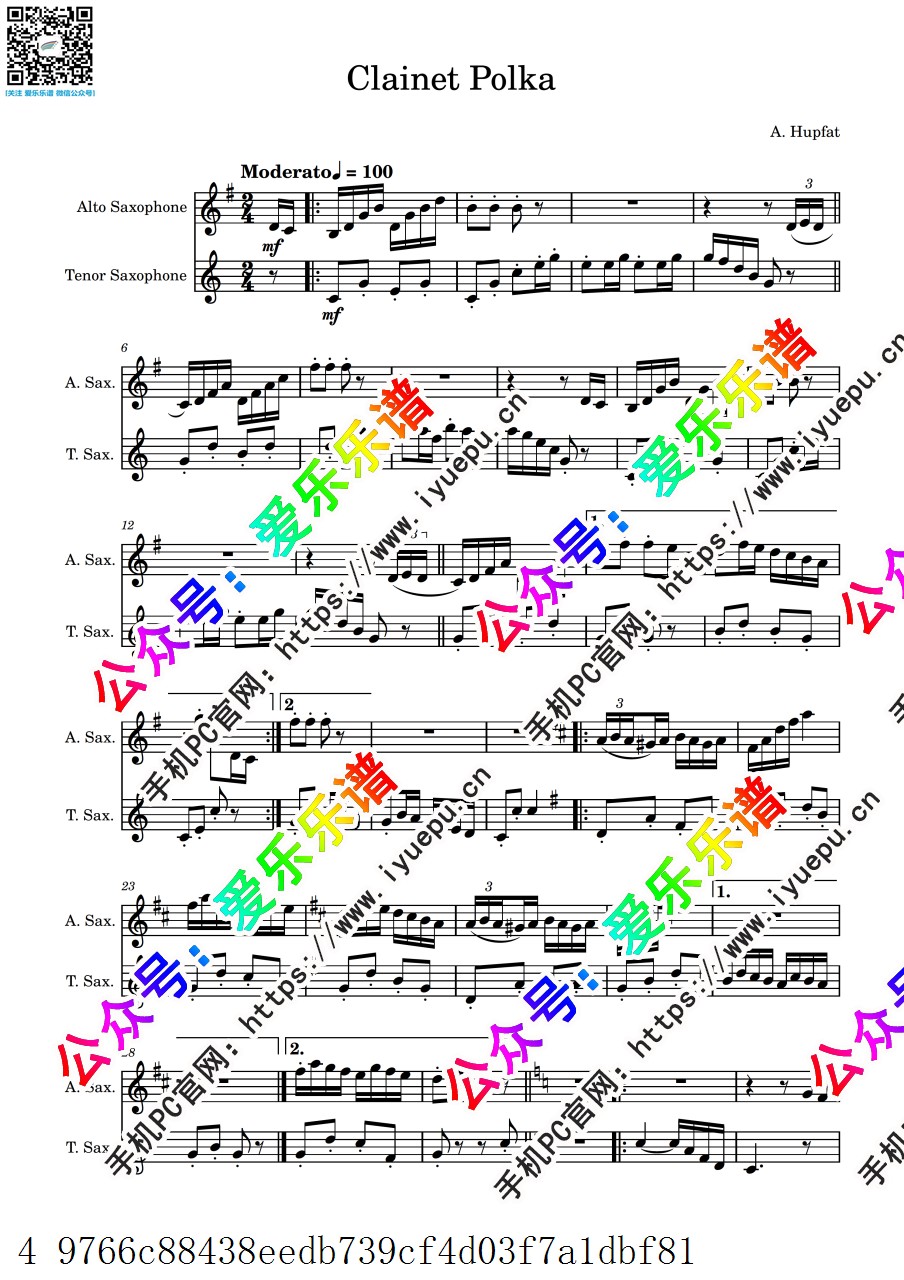 爵士乐 Dziadunio Polka 单簧管波尔卡 Clarinet Polka  中-次中音 2萨克斯二重奏-总谱分谱 乐谱曲谱总谱分谱伴奏音乐在线预览试听下载