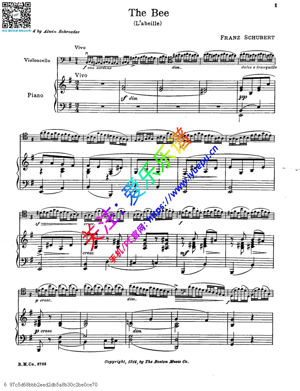 舒伯特 L'Abeille 蜜蜂 The Bee OP.13 No.9大提琴谱与钢琴伴奏谱 乐谱曲谱总谱分谱伴奏音乐在线预览试听下载
